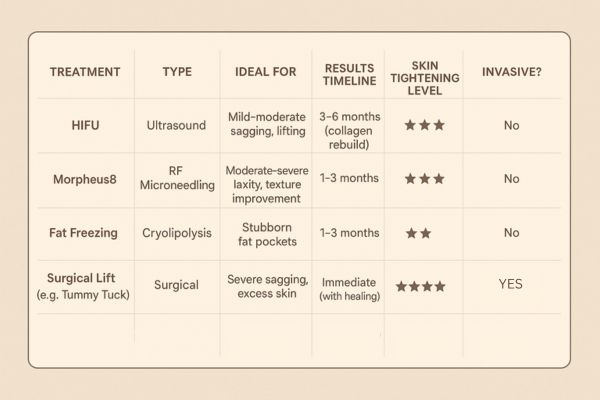 Table showing the comparisons of Skin tightening White City treatment options.